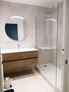 un bagno con doccia, lavandino e specchio di "le veillat" a 50m de la plage a Saint-Raphaël