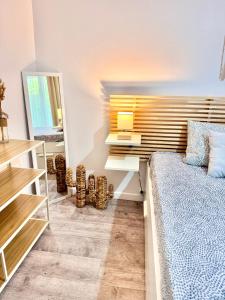 a bedroom with a bed and a desk and a mirror at Le Havre de paix Montpelliérain - terrasse et parking privé in Montpellier
