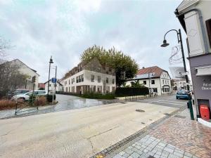 an empty street in a small town with houses at Hôtel du Cheval Blanc Brunstatt in Brunstatt