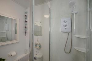 a bathroom with a shower with a shower head at Lucy Lou, charming holiday bungalow in Devon in Galmpton-on-the-Dart +21 photos