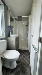 a small bathroom with a toilet and a shower at Pure Living -West Sands, Quiet Grassy retreat Seal Bay in Selsey