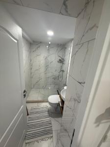 a white bathroom with a toilet and a sink at Casa lui Matei Murighiol#2 in Murighiol