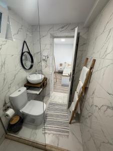 a bathroom with a toilet and a sink at Casa lui Matei Murighiol#2 in Murighiol