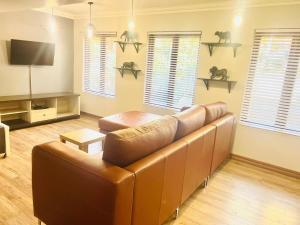 a living room with a leather couch and a television at Big 5 Cottage in Pretoria