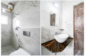 two pictures of a bathroom with a sink and a mirror at Bluestone Residence in Pānchuria