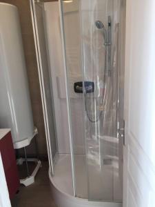 een douche met een glazen deur in een badkamer bij L'estacade avec sur mer in Le Tréport
