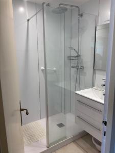een badkamer met een glazen douche en een wastafel bij Apartment facing the large beach in Quiberon