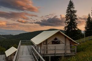 una cabina su una passerella di legno in montagna di Bukovel Glamping a Bukovel