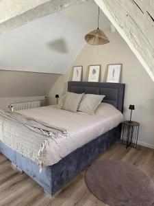 a bedroom with a large bed in a attic at Un nid en ville - Studio centrale, cosy et calme in Pacy-sur-Eure