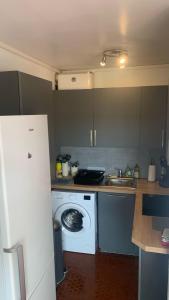 a kitchen with a washing machine and a sink at Studio-Soleil Levant 1-Grande plage-Le Barcarès in Le Barcarès +5 photos