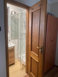 a bathroom with a shower and a wooden door at Villa Almira in Polanica-Zdrój +89 photos