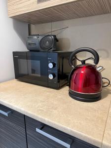 a red tea kettle sitting on top of a microwave at Apartament Sanok in Sanok +19 photos