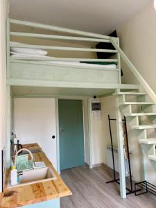 un letto a soppalco in una stanza con un lavandino e una scala di Apartament Oaza No 511 Green a Toruń