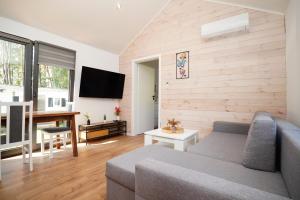 a living room with a couch and a flat screen tv at Całoroczny leśny domek in Dziwnów