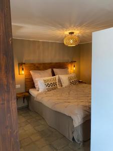 皮萨拉Santa Teresa Bed & Breakfast Andalusien的一间带床和吊灯的卧室