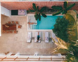 an overhead view of a pool with two people on lounge chairs at Casa Ohma La Punta in Brisas de Zicatela
