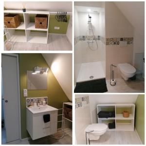 four pictures of a bathroom with a toilet and a sink at Studio cosy in Saint-Pierre-en-Val +36 photos