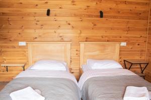 two beds in a room with wooden walls at Aronia Kazbegi in Stepantsminda
