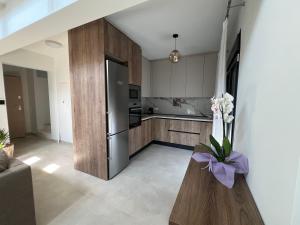 ネア・ムダニアにあるHasi Suites Three Bedroom Duplexのキッチン(冷蔵庫付)、花瓶