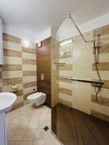 a bathroom with a toilet and a sink and a shower at Apolonia Apartments in Sozopol