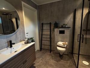 a bathroom with a toilet and a sink and a mirror at Exclusive penthouse apartment near the sea and nature - Sæbøvik in Sæbøvik +9 photos