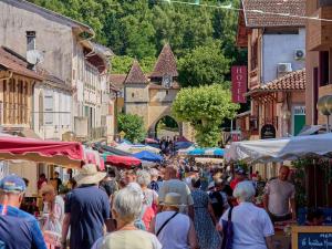 a crowd of people walking through a street with buildings at Appartement lumineux 2 pers avec animaux admis, parking et WiFi - FR-1-841-26 in Barbotan-les-Thermes
