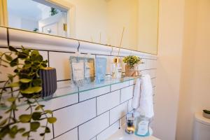 a bathroom with a sink and a mirror at Stylish Marina Escape in Dublin