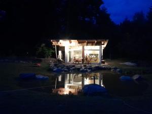 a small house at night with a reflection in a pond at Froschteichhäuschen - Natur und Wellness in Spitzwiesen