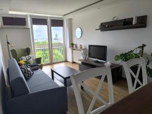 a living room with a couch and a television at Downtown Apartment in Warsaw