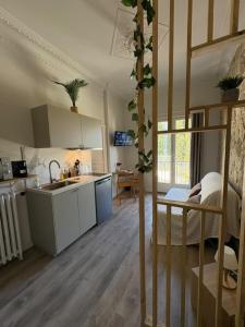 Una cocina con un fregadero y una mesa en una habitación. en Cocon Azur Nice - Studio à 300m des Plages, en Niza