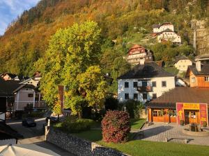 a small town with a mountain in the background at Apartment Müllerstiege in Hallstatt