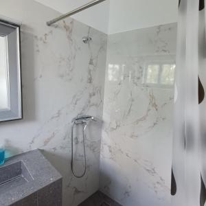 a bathroom with a shower with a marble wall at Hidden Treasure Unique Apartments Kokkari Samos in Samos