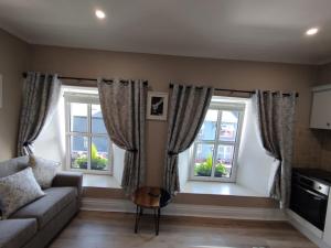 a living room with two windows and a couch at Killarney central apartments in Killarney