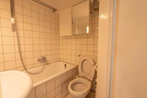 une salle de bain avec toilettes, baignoire et lavabo dans l'établissement Charmante Maisonette im Herzen des Magniviertels - Stilvoll, Zentral & Gemütlich, à Brunswick 8 autres photos