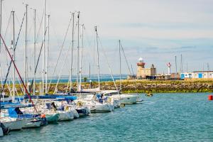 a group of boats docked in a harbor with a lighthouse at Charming Howth Marina Retreat in Dublin +11 photos
