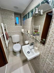a bathroom with a white toilet and a sink at The Central Stay in Cluj-Napoca
