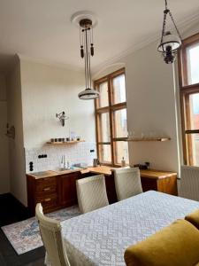 トルンにあるApartament 511 Feniks AC Progresのテーブルと椅子のあるキッチンとカウンターのあるキッチン