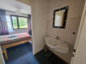 a bathroom with a sink and a bed and a mirror at Gästehaus am Sternberg in Gomadingen +140 photos
