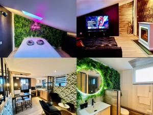a collage of photos of a bedroom and a living room at Duplex Cosy - Escapade Romantique in Wiwersheim