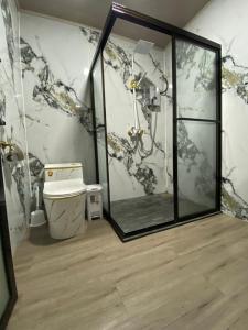 a bathroom with a shower with a toilet in it at Coral Stay Bahia Drake in Drake