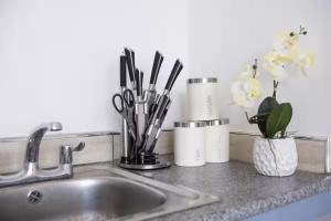 a kitchen counter with a sink and some utensils at Leicester1BR-WiFi-ModernApt-Kitchen-Sleeps2 in Leicester