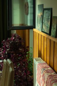 a room with a plant next to a wooden wall at Aronia Kazbegi in Stepantsminda