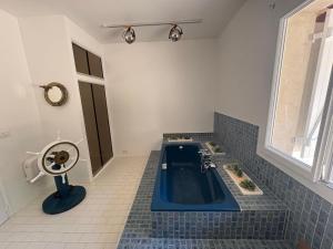 a bathroom with a blue tub and a fan at Villa les Faou-Anis in Le Castellet +34 photos