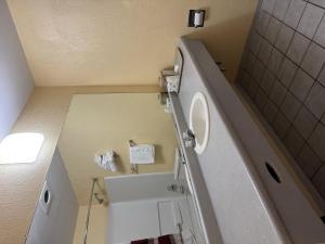 a small bathroom with a toilet and a sink at Motel Sun Inn in Winthrop Harbor