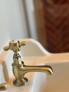a bathroom sink with a brass faucet at Chambre d'hôtes Villa Calys in Claira
