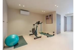 ein Zimmer mit einem Fitnessraum mit einem Trainingsball und einem Heimtrainer in der Unterkunft Villa proche Lac in Écharvine
