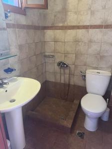 a bathroom with a shower and a toilet and a sink at Hotel Kosmas in Sarti