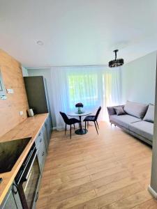 a living room with a couch and a table at Namų mūza "B" SELF CHECK IN in Plungė