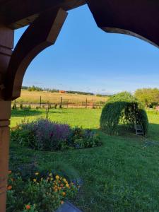 a garden with flowers and a field in the background at Przytulisko in Smołdzino +8 photos