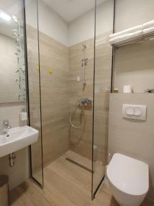 a bathroom with a shower and a toilet and a sink at Central Point Privilege Apartments in Sarajevo
